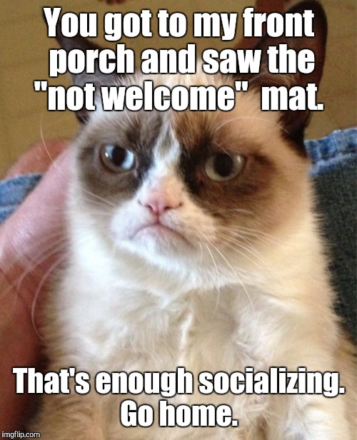 Grumpy Cat Meme | You got to my front porch and saw the "not welcome"  mat. That's enough socializing. Go home. | image tagged in memes,grumpy cat | made w/ Imgflip meme maker