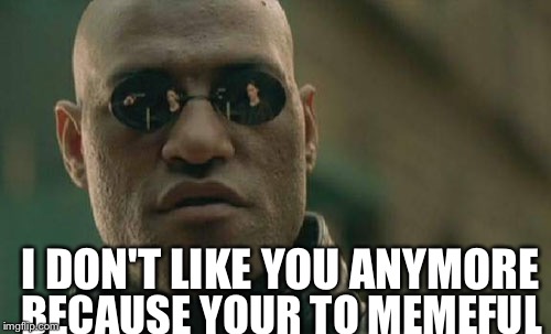 Matrix Morpheus Meme | I DON'T LIKE YOU ANYMORE; BECAUSE YOUR TO MEMEFUL | image tagged in memes,matrix morpheus | made w/ Imgflip meme maker