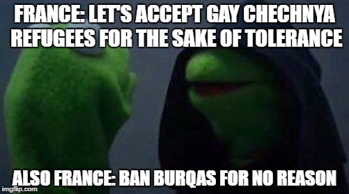 kermit me to me | FRANCE: LET'S ACCEPT GAY CHECHNYA REFUGEES FOR THE SAKE OF TOLERANCE; ALSO FRANCE: BAN BURQAS FOR NO REASON | image tagged in kermit me to me | made w/ Imgflip meme maker