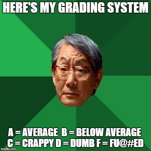 High Expectations Asian Father Meme | HERE'S MY GRADING SYSTEM; A = AVERAGE
 B = BELOW AVERAGE
 C = CRAPPY
D = DUMB
F = FU@#ED | image tagged in memes,high expectations asian father | made w/ Imgflip meme maker