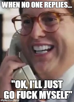 Wolf of Wall Street Jonah Hill Meme | WHEN NO ONE REPLIES... "OK, I'LL JUST GO FUCK MYSELF" | image tagged in wolf of wall street jonah hill meme | made w/ Imgflip meme maker