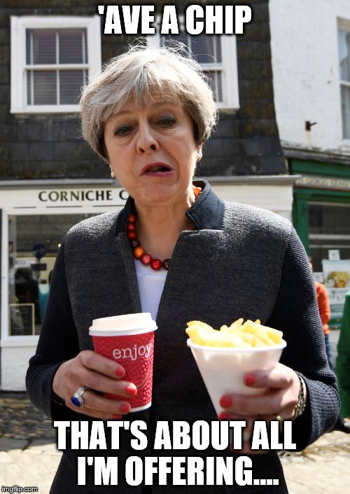 Theresa May | 'AVE A CHIP; THAT'S ABOUT ALL I'M OFFERING.... | image tagged in theresa may | made w/ Imgflip meme maker