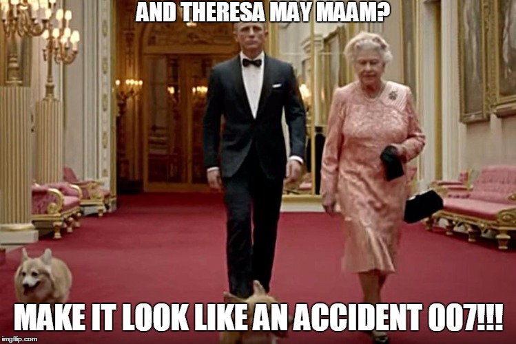 Bond & The Queen | AND THERESA MAY MAAM? MAKE IT LOOK LIKE AN ACCIDENT 007!!! | image tagged in bond  the queen | made w/ Imgflip meme maker