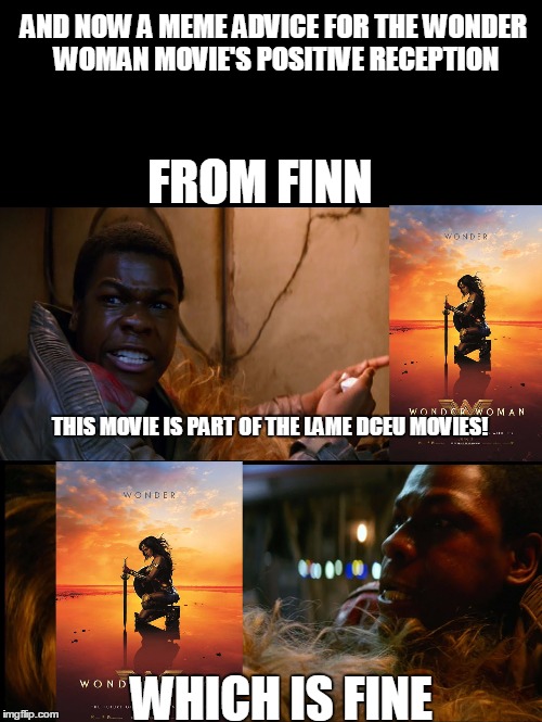 Finn's meme advice on Wonder woman's positive reception | AND NOW A MEME ADVICE FOR THE WONDER WOMAN MOVIE'S POSITIVE RECEPTION; FROM FINN; THIS MOVIE IS PART OF THE LAME DCEU MOVIES! WHICH IS FINE | image tagged in wonder woman,memes,star wars,finn | made w/ Imgflip meme maker