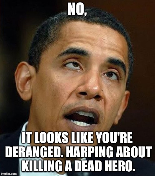 partisanship | NO, IT LOOKS LIKE YOU'RE DERANGED. HARPING ABOUT KILLING A DEAD HERO. | image tagged in partisanship | made w/ Imgflip meme maker