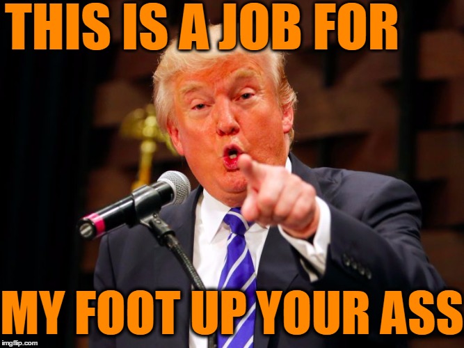 trump point | THIS IS A JOB FOR MY FOOT UP YOUR ASS | image tagged in trump point | made w/ Imgflip meme maker