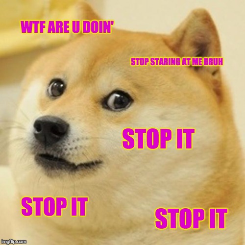 Doge | WTF ARE U DOIN'; STOP STARING AT ME BRUH; STOP IT; STOP IT; STOP IT | image tagged in memes,doge | made w/ Imgflip meme maker