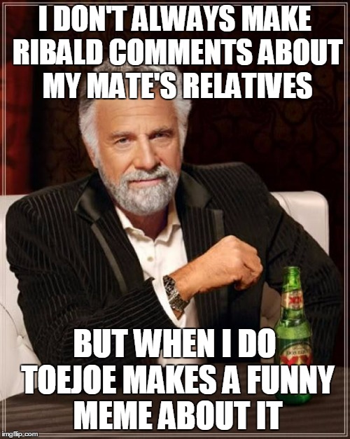 The Most Interesting Man In The World Meme | I DON'T ALWAYS MAKE RIBALD COMMENTS ABOUT MY MATE'S RELATIVES BUT WHEN I DO TOEJOE MAKES A FUNNY MEME ABOUT IT | image tagged in memes,the most interesting man in the world | made w/ Imgflip meme maker