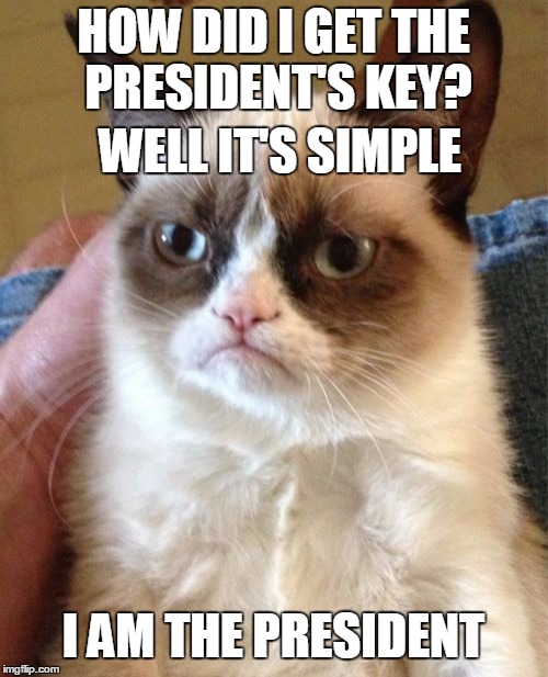 HOW DID I GET THE PRESIDENT'S KEY? WELL IT'S SIMPLE I AM THE PRESIDENT | image tagged in memes,grumpy cat | made w/ Imgflip meme maker