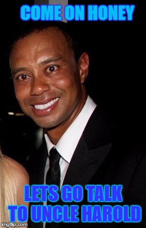 Hide the pain Tiger | COME ON HONEY; LETS GO TALK TO UNCLE HAROLD | image tagged in tiger woods in pain,memes,tiger woods,tiger woods mug shot,hide the pain harold | made w/ Imgflip meme maker