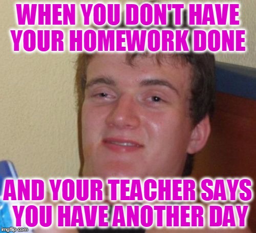 10 Guy Meme | WHEN YOU DON'T HAVE YOUR HOMEWORK DONE; AND YOUR TEACHER SAYS YOU HAVE ANOTHER DAY | image tagged in memes,10 guy | made w/ Imgflip meme maker