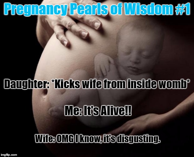 Pregnancy Pearl of Wisdom #1 | Pregnancy Pearls of Wisdom #1; Daughter: *Kicks wife from inside womb*; Me: It's Alive!! Wife: OMG I know, it's disgusting. | image tagged in pregnant stomach,most beautiful thing ever,children are a blessing,those hormones ohh boy | made w/ Imgflip meme maker