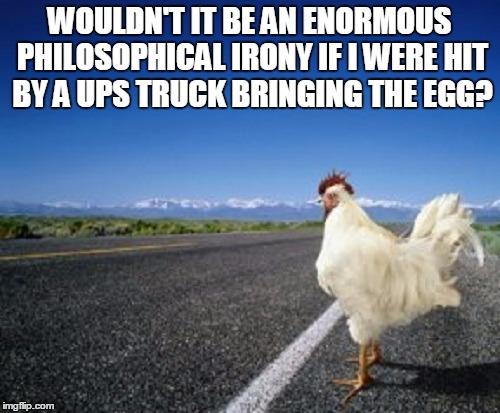 WOULDN'T IT BE AN ENORMOUS PHILOSOPHICAL IRONY IF I WERE HIT BY A UPS TRUCK BRINGING THE EGG? | made w/ Imgflip meme maker