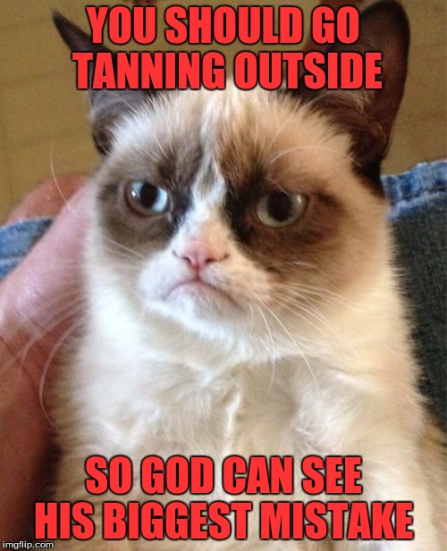 Grumpy Cat Meme | YOU SHOULD GO TANNING OUTSIDE; SO GOD CAN SEE HIS BIGGEST MISTAKE | image tagged in memes,grumpy cat | made w/ Imgflip meme maker