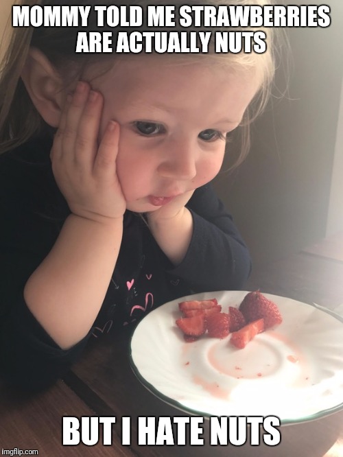 Contemplative Kid | MOMMY TOLD ME STRAWBERRIES ARE ACTUALLY NUTS; BUT I HATE NUTS | image tagged in contemplative kid,AdviceAnimals | made w/ Imgflip meme maker