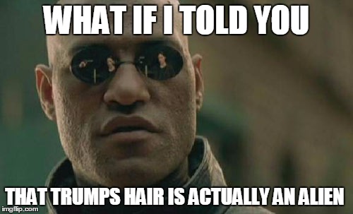 Matrix Morpheus | WHAT IF I TOLD YOU; THAT TRUMPS HAIR IS ACTUALLY AN ALIEN | image tagged in memes,matrix morpheus | made w/ Imgflip meme maker