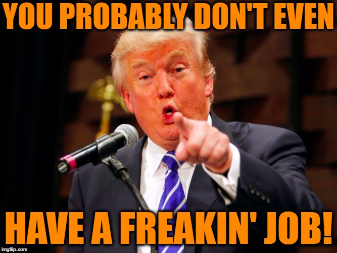 trump point | YOU PROBABLY DON'T EVEN HAVE A FREAKIN' JOB! | image tagged in trump point | made w/ Imgflip meme maker