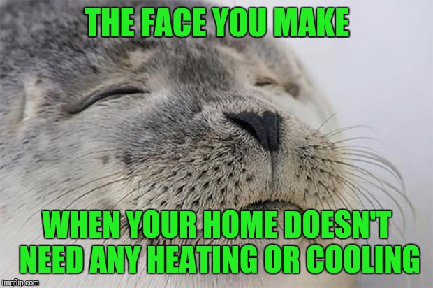 If you pay the heating and cooling bills, you know about this Satisfied Seal face you make :) | THE FACE YOU MAKE; WHEN YOUR HOME DOESN'T NEED ANY HEATING OR COOLING | image tagged in memes,satisfied seal,bills,hvac,air conditioner,furnace | made w/ Imgflip meme maker