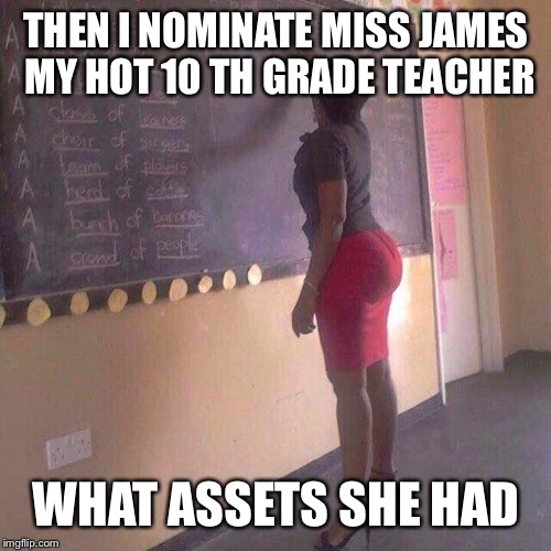 THEN I NOMINATE MISS JAMES MY HOT 10 TH GRADE TEACHER WHAT ASSETS SHE HAD | made w/ Imgflip meme maker