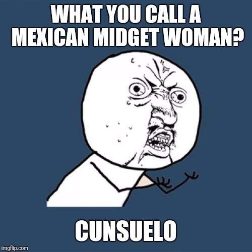 That's low | WHAT YOU CALL A MEXICAN MIDGET WOMAN? CUNSUELO | image tagged in memes,y u no | made w/ Imgflip meme maker