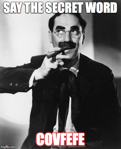 Groucho Marx | SAY THE SECRET WORD; COVFEFE | image tagged in groucho marx | made w/ Imgflip meme maker