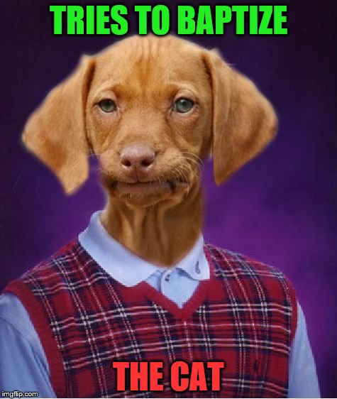 Bad Luck Raydog | TRIES TO BAPTIZE; THE CAT | image tagged in bad luck raydog | made w/ Imgflip meme maker