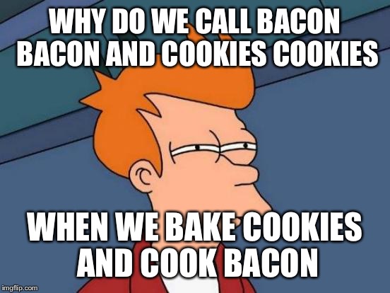 Futurama Fry | WHY DO WE CALL BACON BACON AND COOKIES COOKIES; WHEN WE BAKE COOKIES AND COOK BACON | image tagged in memes,futurama fry | made w/ Imgflip meme maker