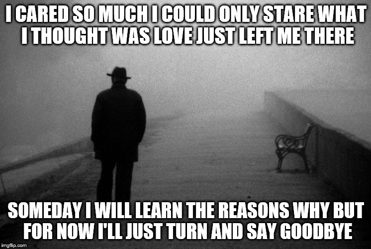 I CARED SO MUCH I COULD ONLY STARE
WHAT I THOUGHT WAS LOVE JUST LEFT ME THERE; SOMEDAY I WILL LEARN THE REASONS WHY
BUT FOR NOW I'LL JUST TURN AND SAY GOODBYE | image tagged in alone | made w/ Imgflip meme maker