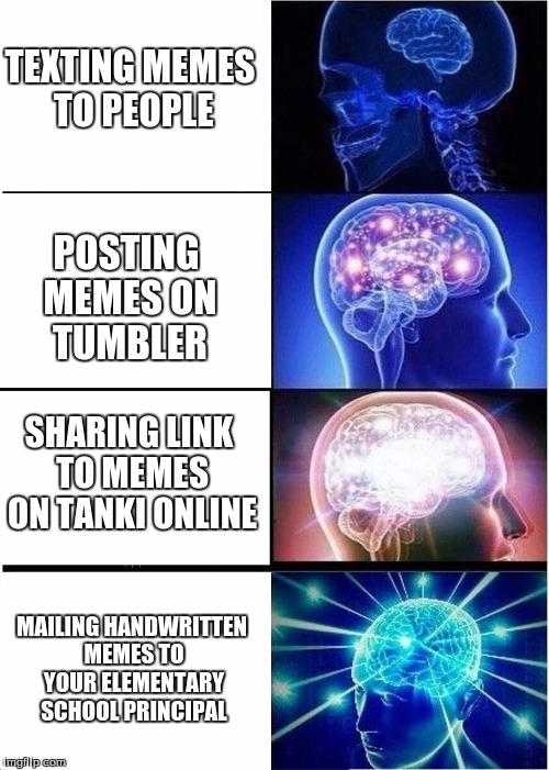Expanding Brain Meme | TEXTING MEMES TO PEOPLE; POSTING MEMES ON TUMBLER; SHARING LINK TO MEMES ON TANKI ONLINE; MAILING HANDWRITTEN MEMES TO YOUR ELEMENTARY SCHOOL PRINCIPAL | image tagged in expanding brain,meme,funny meme | made w/ Imgflip meme maker