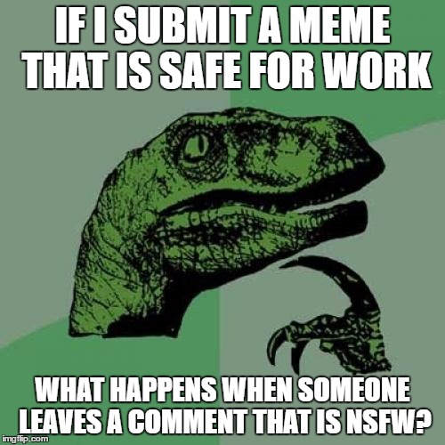 Philosoraptor | IF I SUBMIT A MEME THAT IS SAFE FOR WORK; WHAT HAPPENS WHEN SOMEONE LEAVES A COMMENT THAT IS NSFW? | image tagged in memes,philosoraptor | made w/ Imgflip meme maker