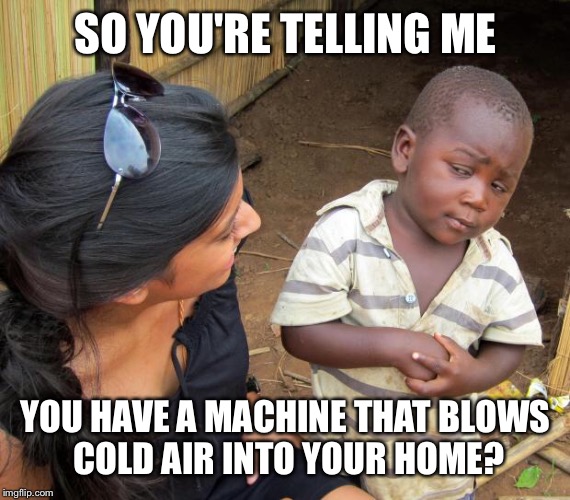 SO YOU'RE TELLING ME YOU HAVE A MACHINE THAT BLOWS COLD AIR INTO YOUR HOME? | made w/ Imgflip meme maker