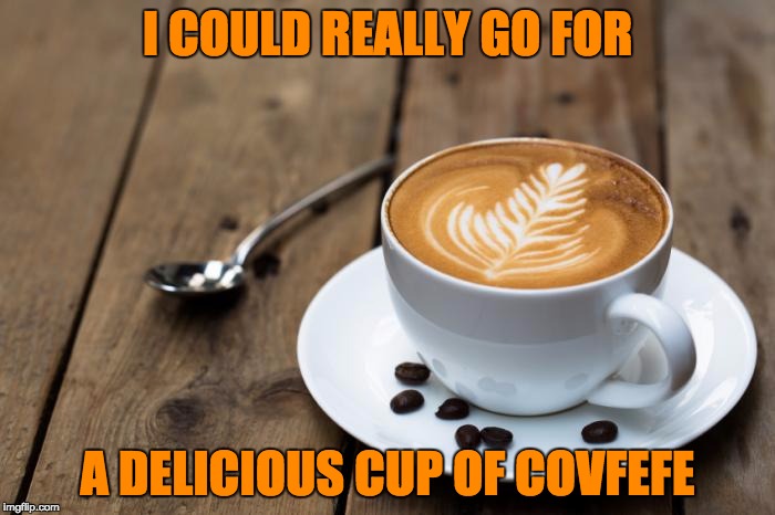 I COULD REALLY GO FOR; A DELICIOUS CUP OF COVFEFE | image tagged in matthew tiberius covfefe | made w/ Imgflip meme maker