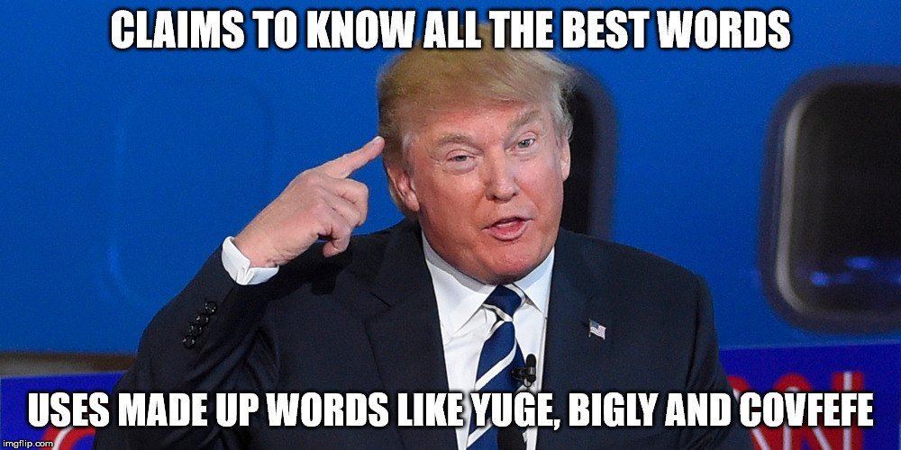 Donald Trump | CLAIMS TO KNOW ALL THE BEST WORDS; USES MADE UP WORDS LIKE YUGE, BIGLY AND COVFEFE | image tagged in donald trump | made w/ Imgflip meme maker