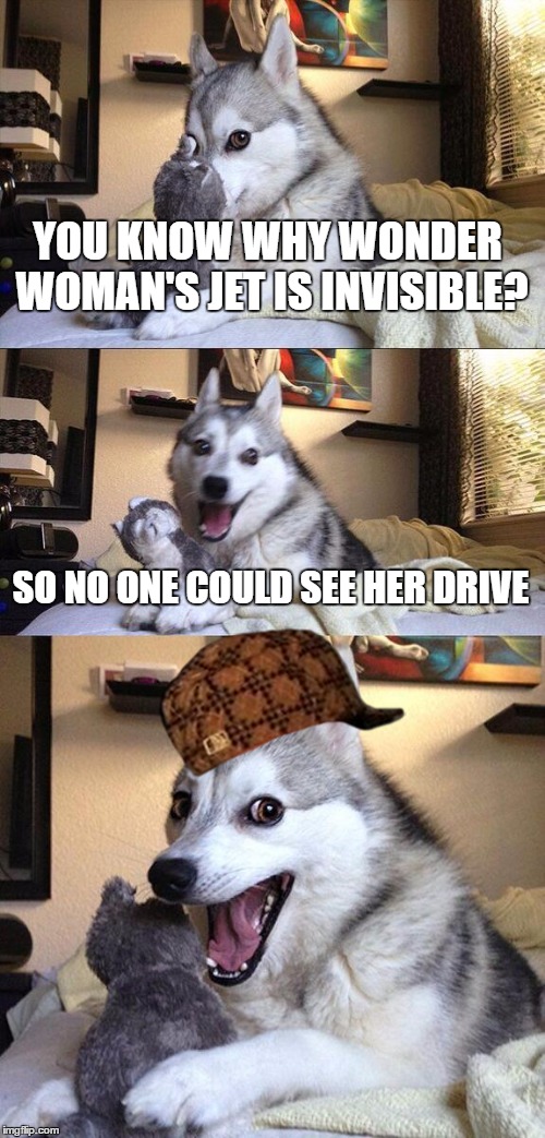 Bad Pun Dog | YOU KNOW WHY WONDER WOMAN'S JET IS INVISIBLE? SO NO ONE COULD SEE HER DRIVE | image tagged in memes,bad pun dog,scumbag | made w/ Imgflip meme maker