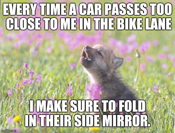 Baby Insanity Wolf Meme | EVERY TIME A CAR PASSES TOO CLOSE TO ME IN THE BIKE LANE; I MAKE SURE TO FOLD IN THEIR SIDE MIRROR. | image tagged in memes,baby insanity wolf | made w/ Imgflip meme maker