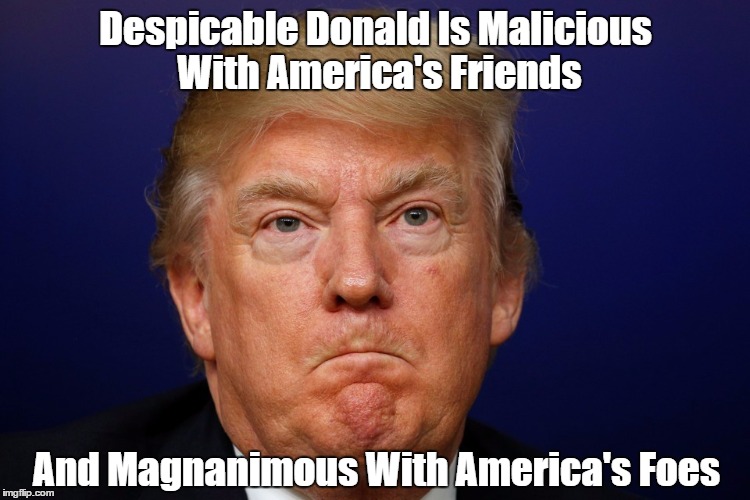 Deplorable Donald's Misplaced Malice And Magnanimity | Despicable Donald Is Malicious With America's Friends; And Magnanimous With America's Foes | image tagged in deplorable donald,despicable donald,devious donald,dishonorable donald,dishonest donald,mafia don | made w/ Imgflip meme maker