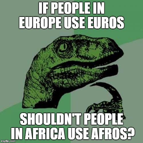 Philosoraptor Meme | IF PEOPLE IN EUROPE USE EUROS; SHOULDN'T PEOPLE IN AFRICA USE AFROS? | image tagged in memes,philosoraptor | made w/ Imgflip meme maker