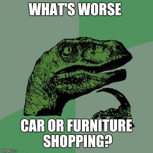 Philosoraptor | WHAT'S WORSE; CAR OR FURNITURE SHOPPING? | image tagged in memes,philosoraptor | made w/ Imgflip meme maker