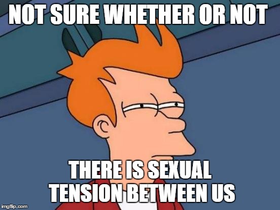 Futurama Fry Meme | NOT SURE WHETHER OR NOT THERE IS SEXUAL TENSION BETWEEN US | image tagged in memes,futurama fry | made w/ Imgflip meme maker