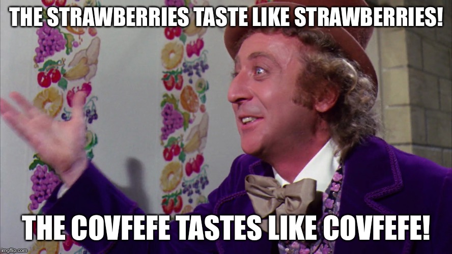 THE STRAWBERRIES TASTE LIKE STRAWBERRIES! THE COVFEFE TASTES LIKE COVFEFE! | image tagged in willy wonka | made w/ Imgflip meme maker