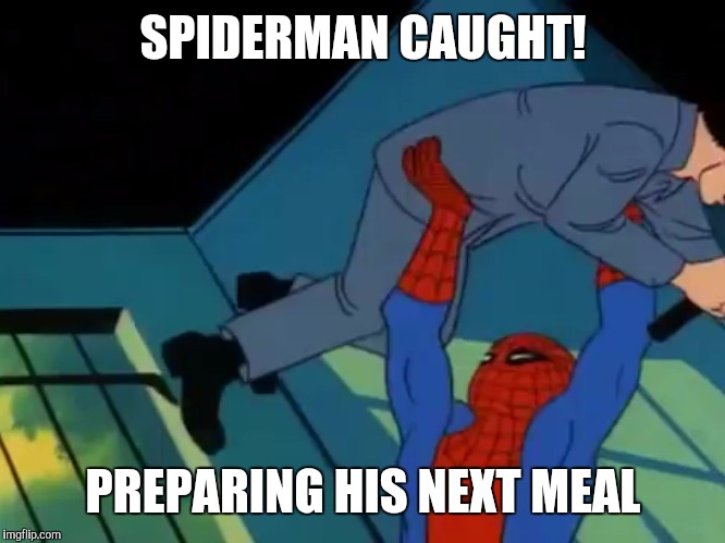 60's spiderman  | SPIDERMAN CAUGHT! PREPARING HIS NEXT MEAL | image tagged in 60's spiderman | made w/ Imgflip meme maker