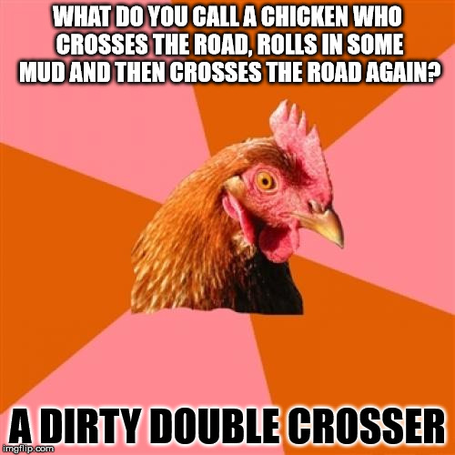 Remember this joke from when I was quite a lot younger than I am now . . . | WHAT DO YOU CALL A CHICKEN WHO CROSSES THE ROAD, ROLLS IN SOME MUD AND THEN CROSSES THE ROAD AGAIN? A DIRTY DOUBLE CROSSER | image tagged in memes,anti joke chicken | made w/ Imgflip meme maker