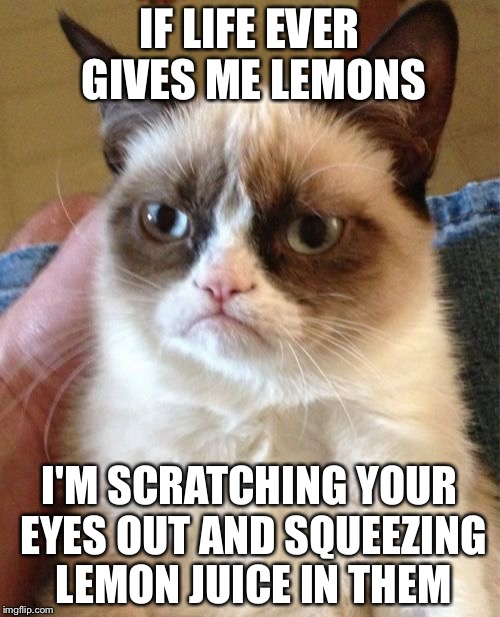 Grumpy Cat Meme | IF LIFE EVER GIVES ME LEMONS; I'M SCRATCHING YOUR EYES OUT AND SQUEEZING LEMON JUICE IN THEM | image tagged in memes,grumpy cat | made w/ Imgflip meme maker