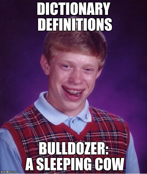 Bad Luck Brian | DICTIONARY DEFINITIONS; BULLDOZER: A SLEEPING COW | image tagged in memes,bad luck brian | made w/ Imgflip meme maker