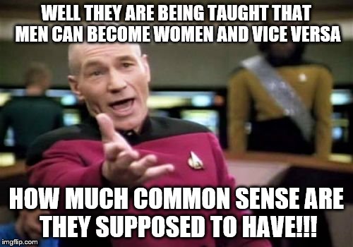 Picard Wtf Meme | WELL THEY ARE BEING TAUGHT THAT MEN CAN BECOME WOMEN AND VICE VERSA HOW MUCH COMMON SENSE ARE THEY SUPPOSED TO HAVE!!! | image tagged in memes,picard wtf | made w/ Imgflip meme maker