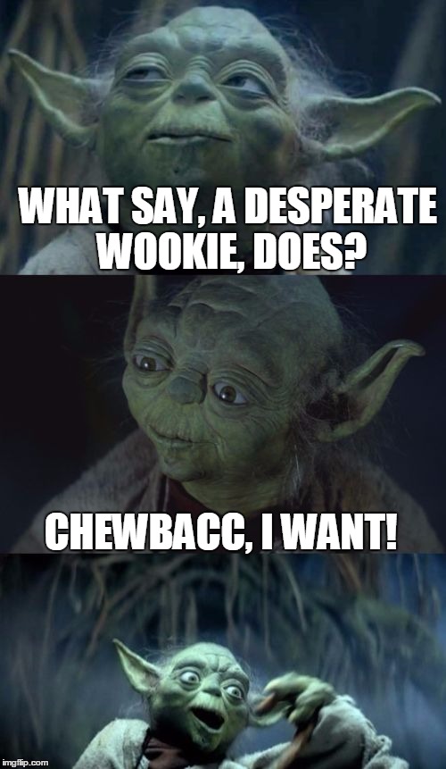 A Little More Chewie | WHAT SAY, A DESPERATE WOOKIE, DOES? CHEWBACC, I WANT! | image tagged in bad pun yoda,memes | made w/ Imgflip meme maker