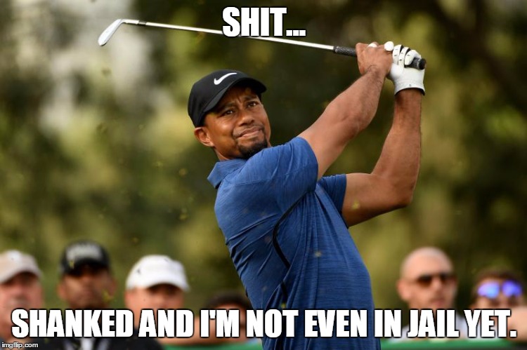 Tiger shanked... | SHIT... SHANKED AND I'M NOT EVEN IN JAIL YET. | image tagged in tiger woods,golf,memes,funny memes | made w/ Imgflip meme maker