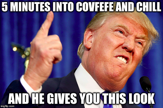 Donald Trump | 5 MINUTES INTO COVFEFE AND CHILL; AND HE GIVES YOU THIS LOOK | image tagged in donald trump | made w/ Imgflip meme maker