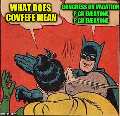 Batman Slapping Robin Meme | WHAT DOES COVFEFE MEAN CONGRESS ON VACATION F*CK EVERYONE F*CK EVERYONE | image tagged in memes,batman slapping robin | made w/ Imgflip meme maker