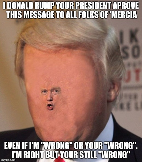 I DONALD RUMP YOUR PRESIDENT APROVE THIS MESSAGE TO ALL FOLKS OF 'MERCIA EVEN IF I'M "WRONG" OR YOUR "WRONG". I'M RIGHT BUT YOUR STILL "WRON | made w/ Imgflip meme maker